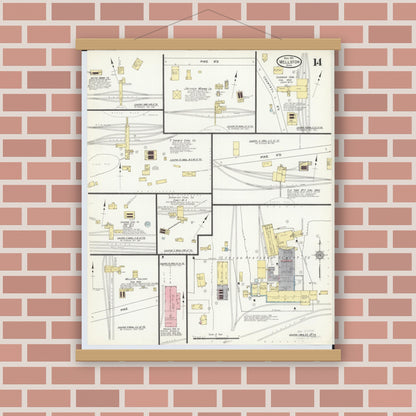 Old map wall art mockup — magnetic wood frame on brick wall — Sanborn Fire Insurance Map from Wellston, Jackson County, Ohio (1911), Sheet #0014