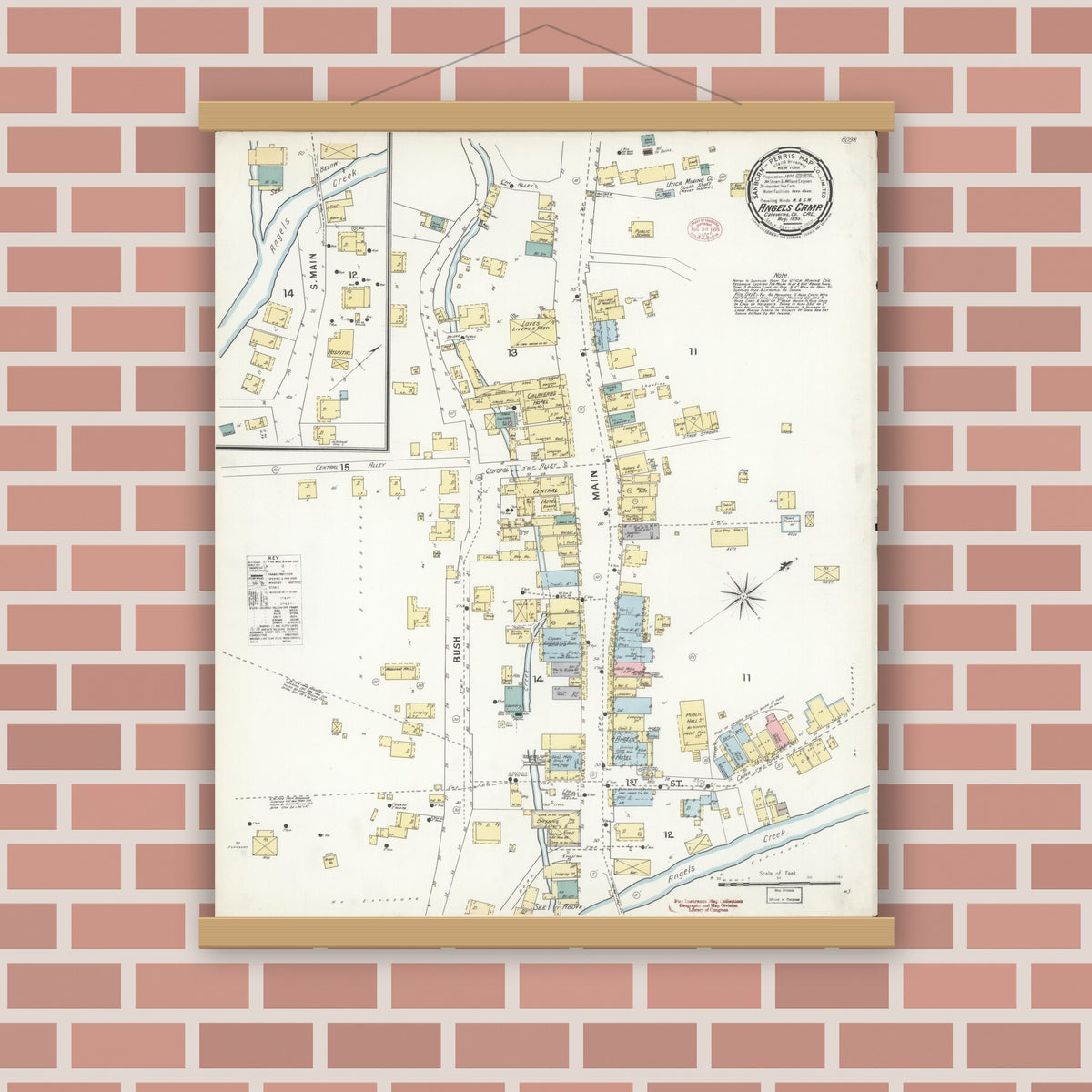 Old map wall art mockup — magnetic wood frame on brick wall — Sanborn Fire Insurance Map from Angels Camp, Calaveras County, California (1895), Sheet #0001