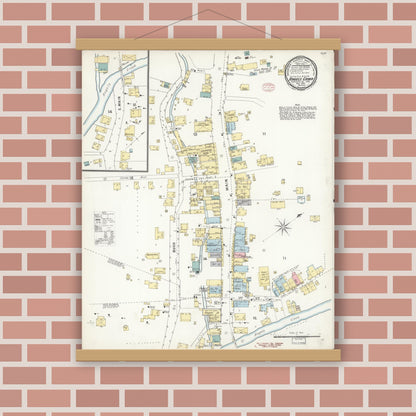 Old map wall art mockup — magnetic wood frame on brick wall — Sanborn Fire Insurance Map from Angels Camp, Calaveras County, California (1895), Sheet #0001