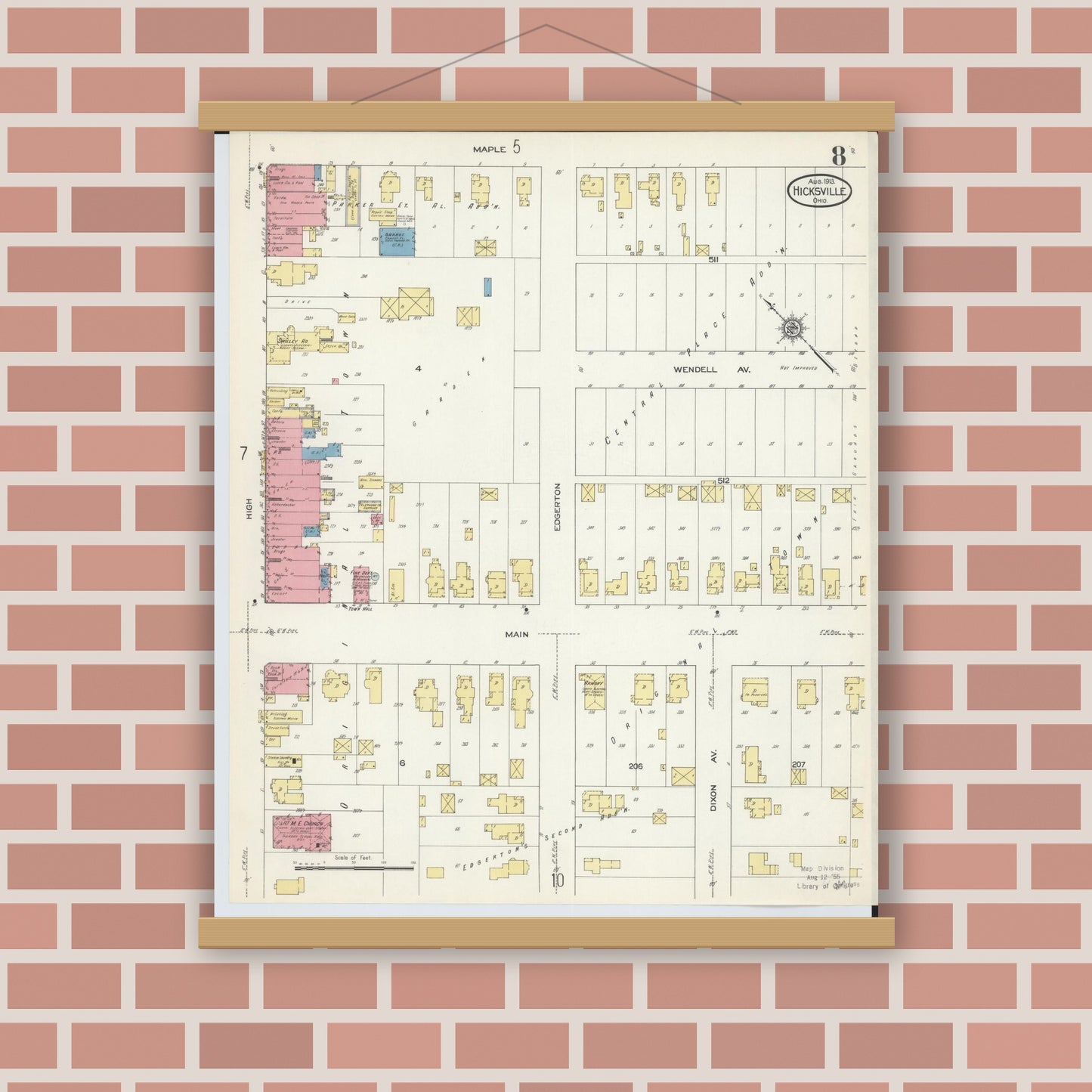 Old map wall art mockup — magnetic wood frame on brick wall — Sanborn Fire Insurance Map from Hicksville, Defiance County, Ohio (1913), Sheet #0008