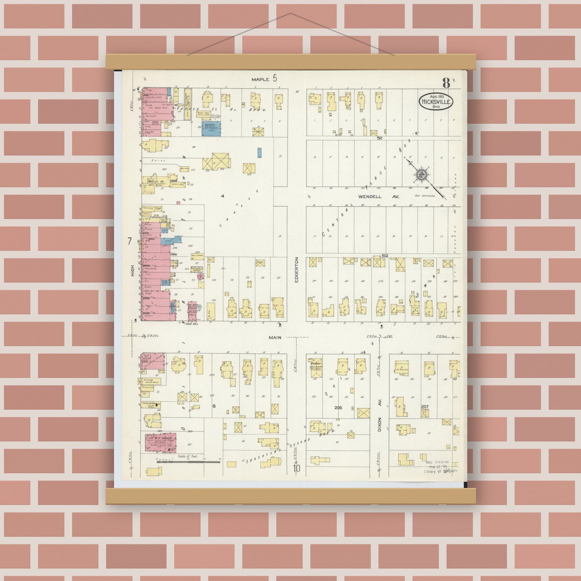 Old map wall art mockup — magnetic wood frame on brick wall — Sanborn Fire Insurance Map from Hicksville, Defiance County, Ohio (1913), Sheet #0008