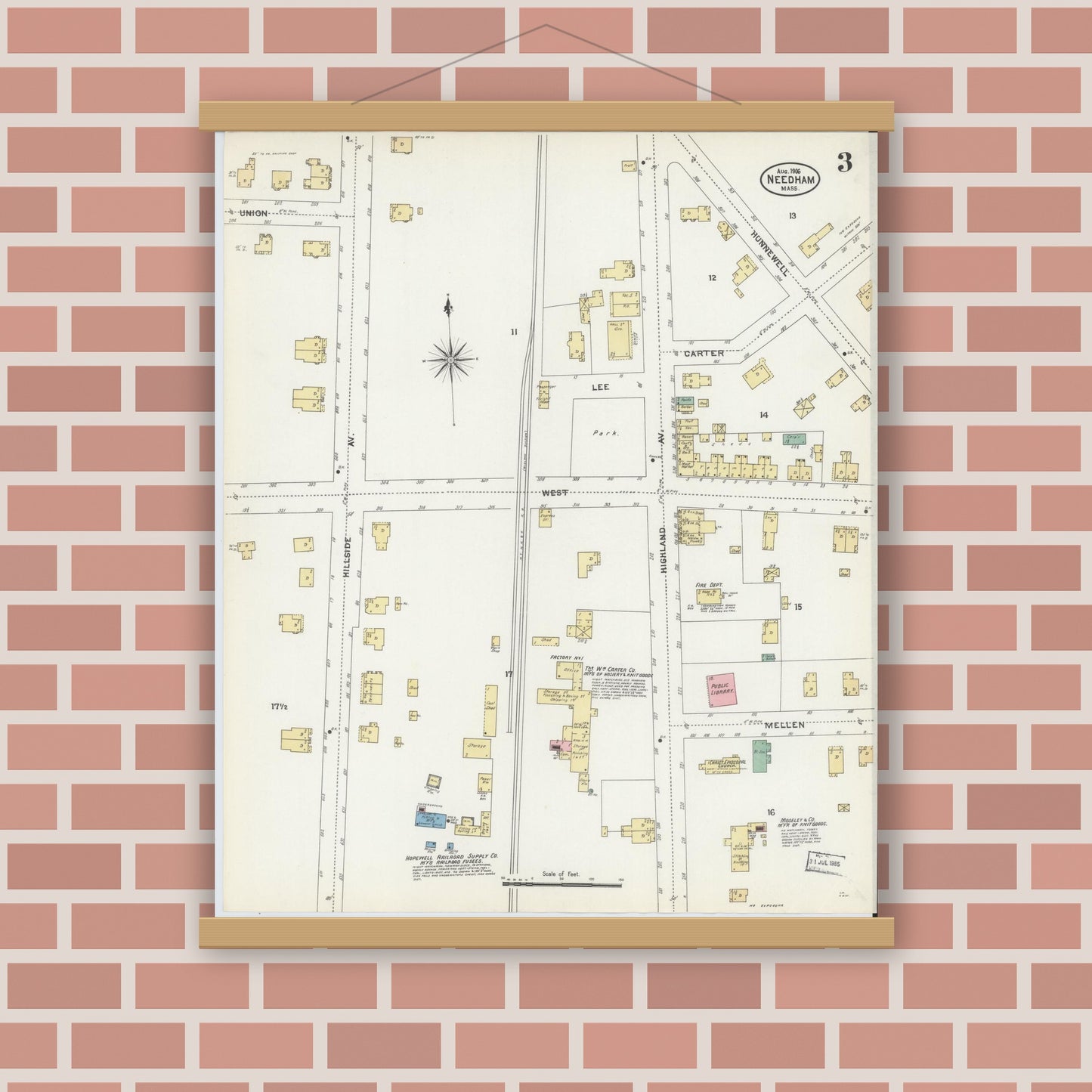 Old map wall art mockup — magnetic wood frame on brick wall — Sanborn Fire Insurance Map from Needham, Norfolk County, Massachusetts (1906), Sheet #0003