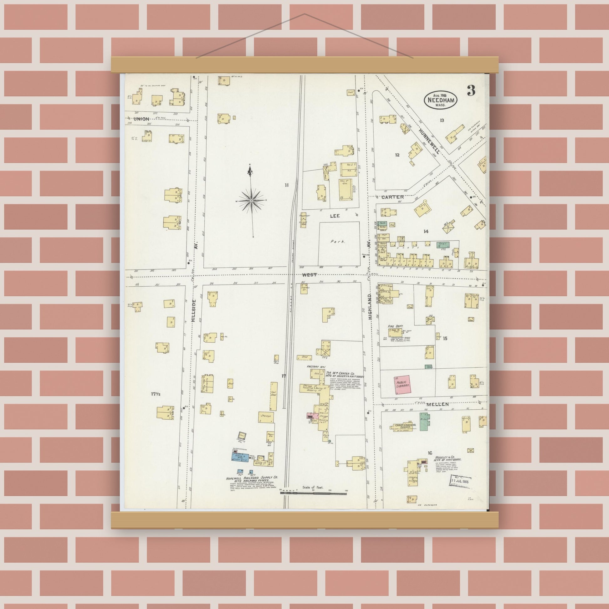 Old map wall art mockup — magnetic wood frame on brick wall — Sanborn Fire Insurance Map from Needham, Norfolk County, Massachusetts (1906), Sheet #0003