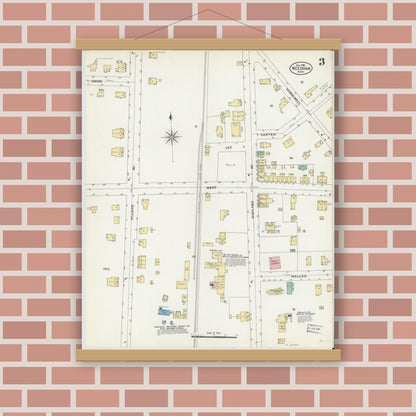 Old map wall art mockup — magnetic wood frame on brick wall — Sanborn Fire Insurance Map from Needham, Norfolk County, Massachusetts (1906), Sheet #0003