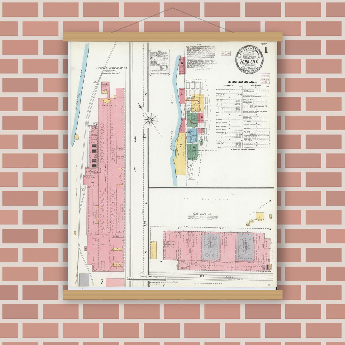 Old map wall art mockup — magnetic wood frame on brick wall — Sanborn Fire Insurance Map from Ford City, Armstrong County, Pennsylvania (1904), Sheet #0001