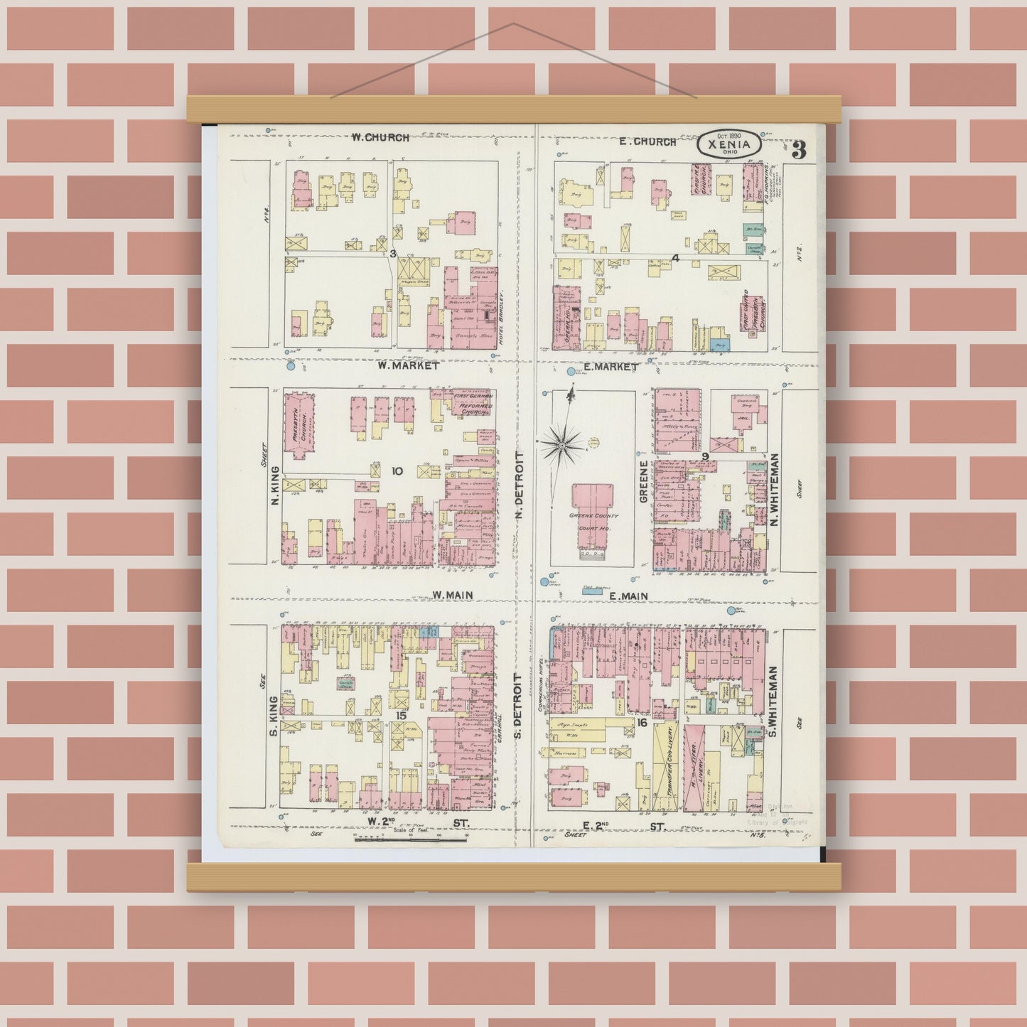 Old map wall art mockup — magnetic wood frame on brick wall — Sanborn Fire Insurance Map from Xenia, Greene County, Ohio (1890), Sheet #0003