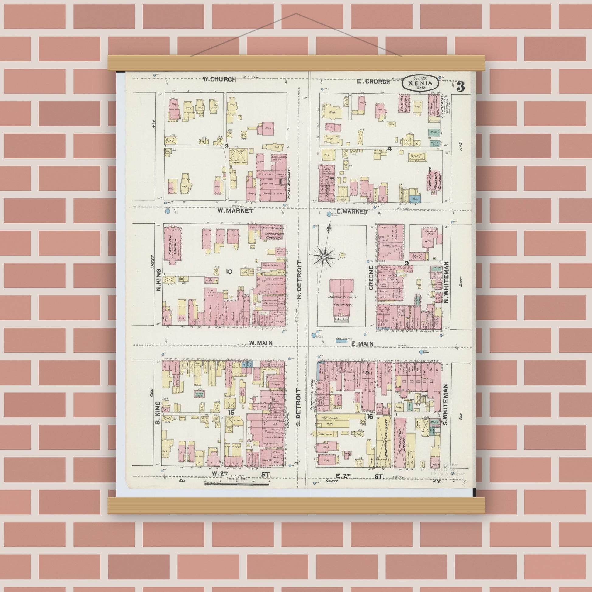 Old map wall art mockup — magnetic wood frame on brick wall — Sanborn Fire Insurance Map from Xenia, Greene County, Ohio (1890), Sheet #0003