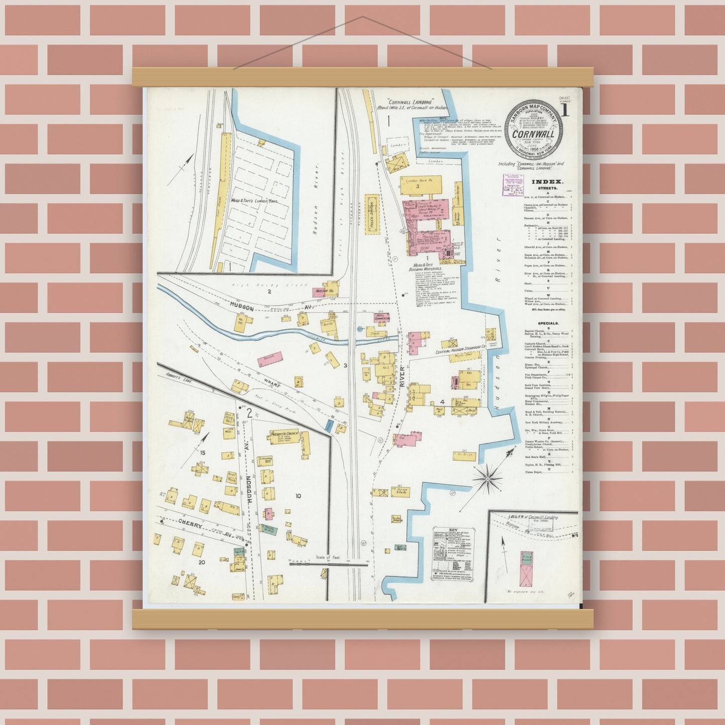Old map wall art mockup — magnetic wood frame on brick wall — Sanborn Fire Insurance Map from Cornwall, Orange County, New York (1905) - Complete Map Set