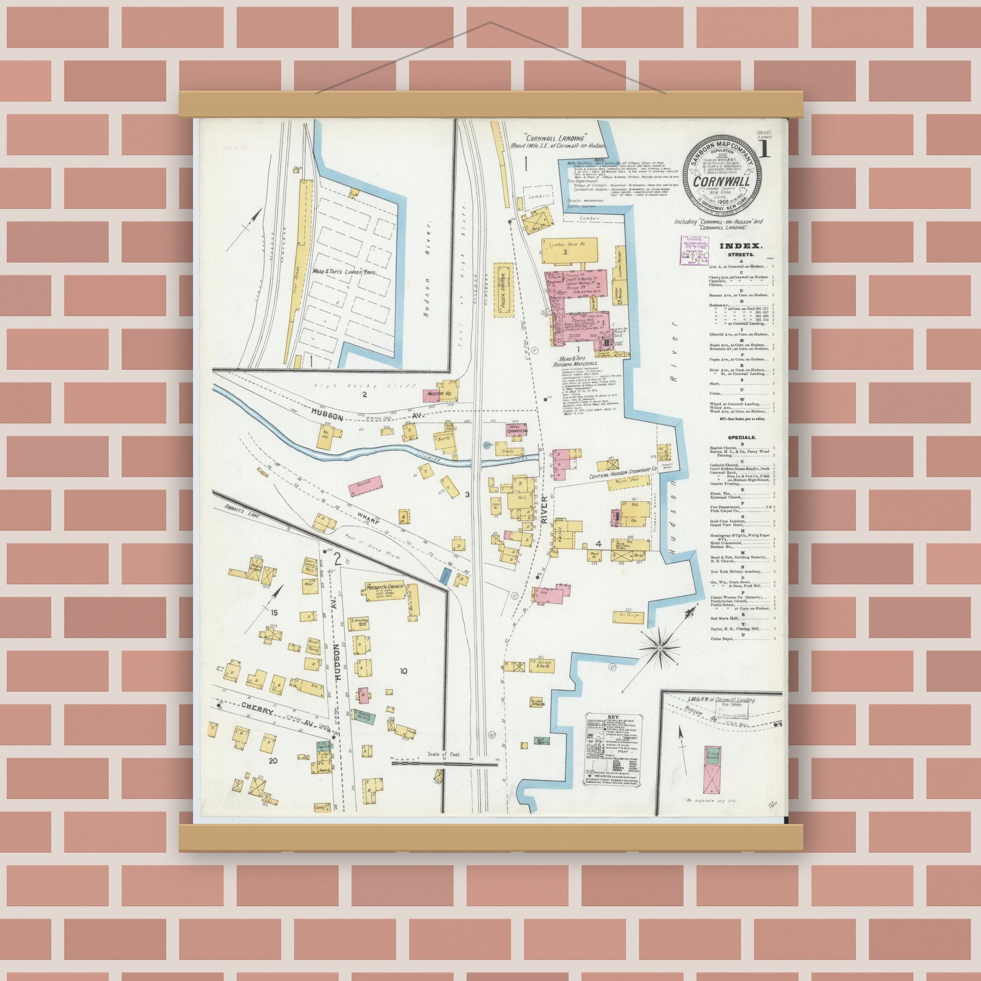 Old map wall art mockup — magnetic wood frame on brick wall — Sanborn Fire Insurance Map from Cornwall, Orange County, New York (1905) - Complete Map Set