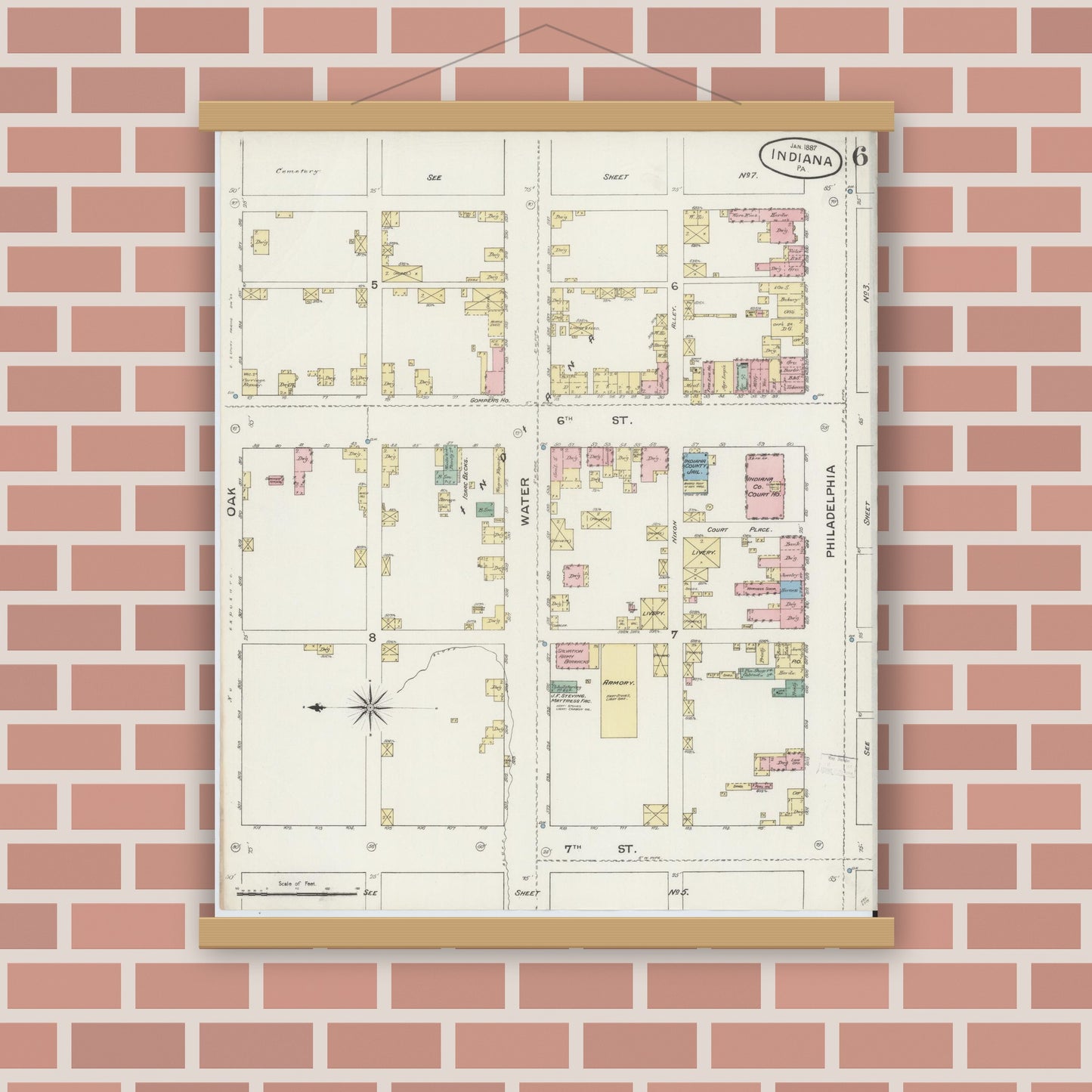 Old map wall art mockup — magnetic wood frame on brick wall — Sanborn Fire Insurance Map from Indiana, Indiana County, Pennsylvania (1887), Sheet #0006