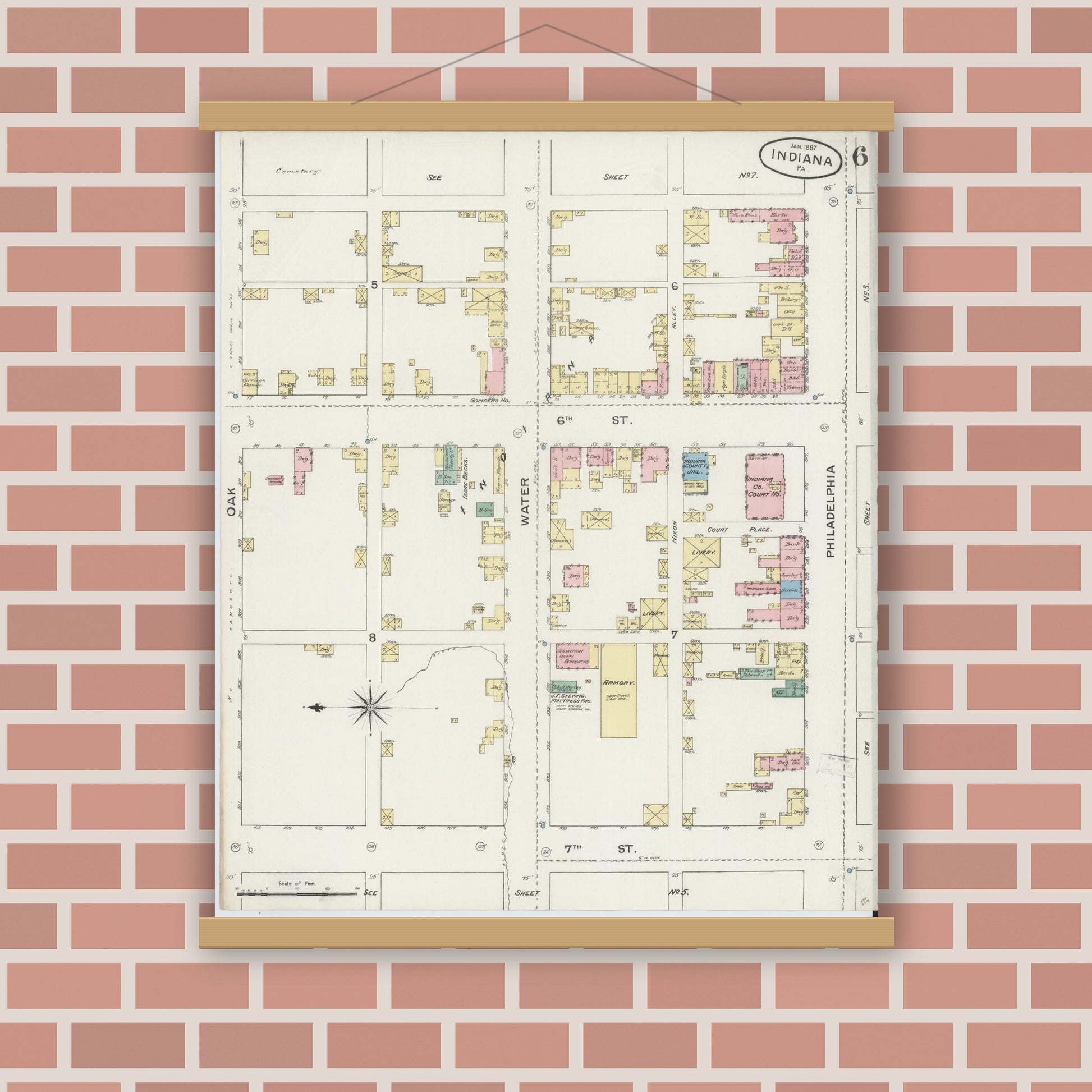 Old map wall art mockup — magnetic wood frame on brick wall — Sanborn Fire Insurance Map from Indiana, Indiana County, Pennsylvania (1887), Sheet #0006