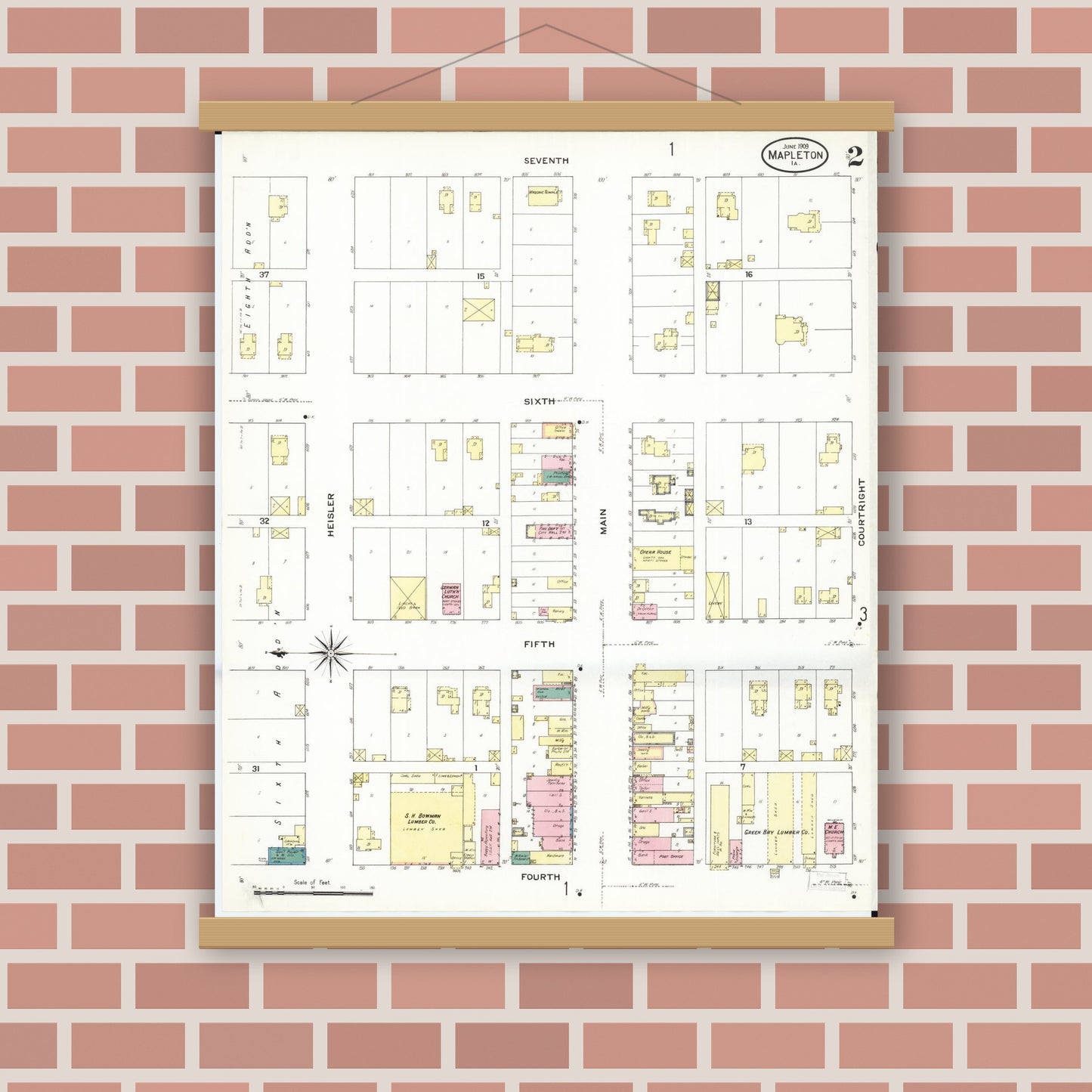Old map wall art mockup — magnetic wood frame on brick wall — Sanborn Fire Insurance Map from Mapleton, Monona County, Iowa (1909), Sheet #0002