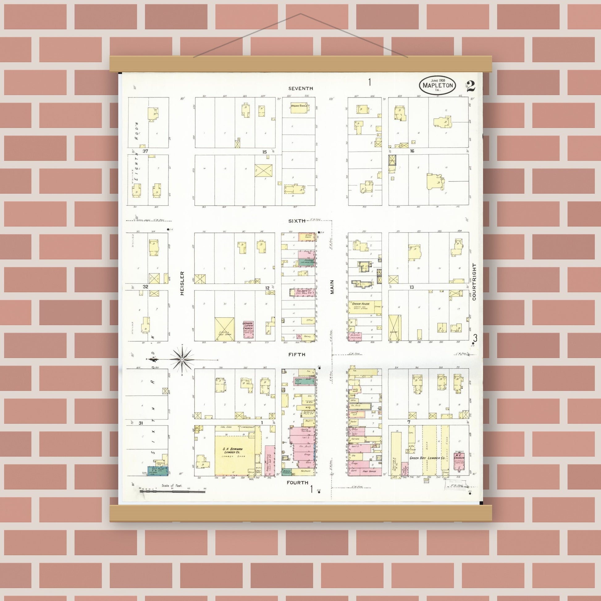 Old map wall art mockup — magnetic wood frame on brick wall — Sanborn Fire Insurance Map from Mapleton, Monona County, Iowa (1909), Sheet #0002