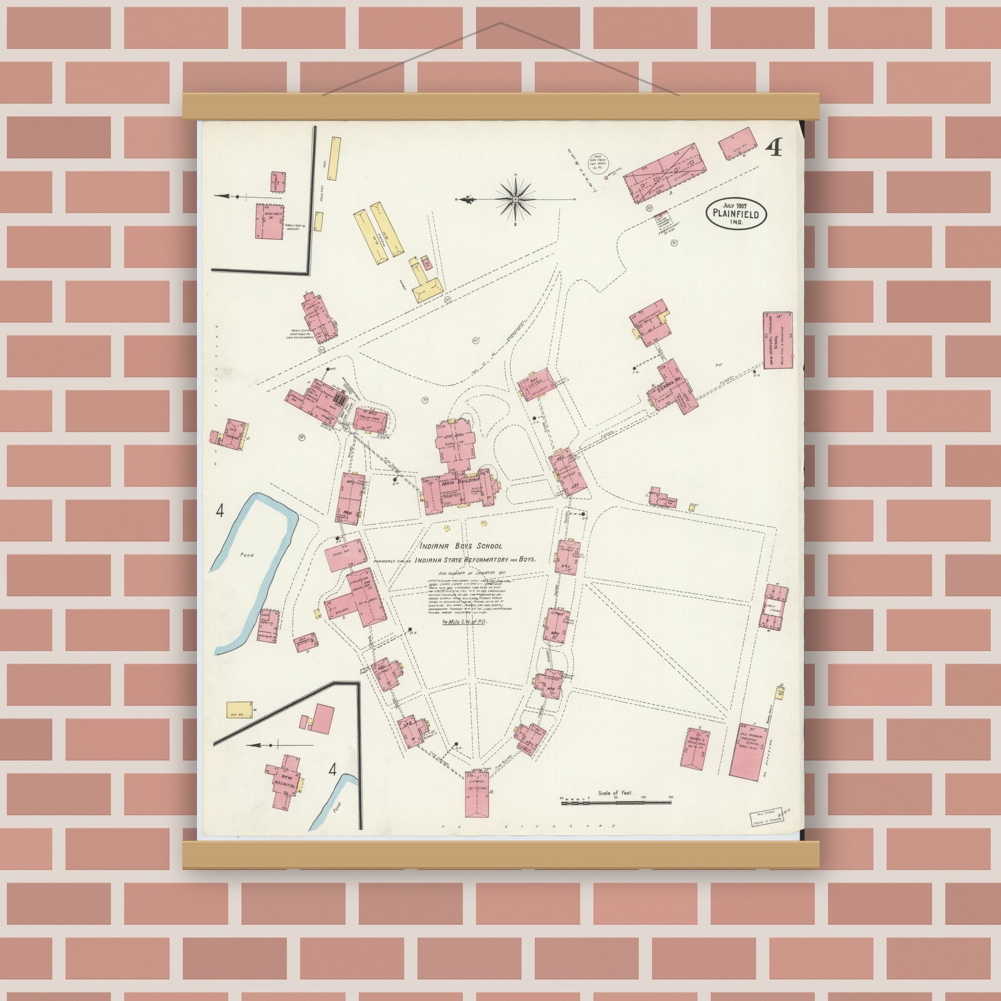 Old map wall art mockup — magnetic wood frame on brick wall — Sanborn Fire Insurance Map from Plainfield, Hendricks County, Indiana (1907), Sheet #0004