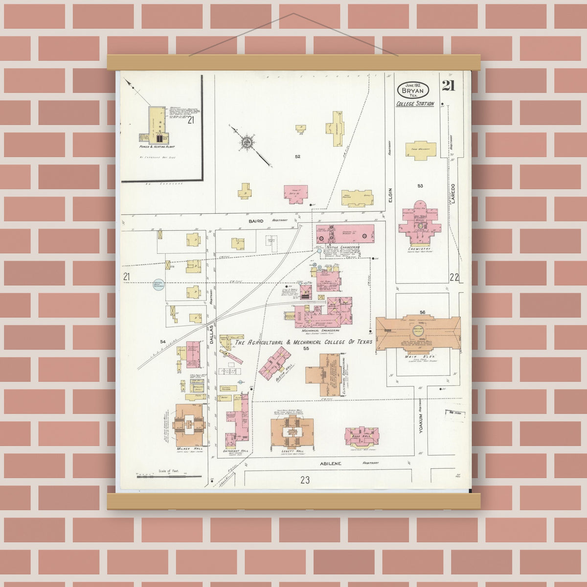 Old map wall art mockup — magnetic wood frame on brick wall — Sanborn Fire Insurance Map from Bryan, Brazos County, Texas (1912), Sheet #0021
