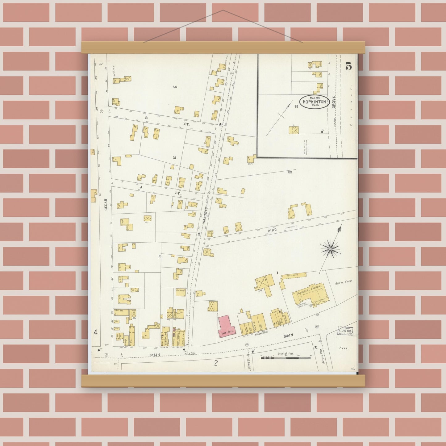 Old map wall art mockup — magnetic wood frame on brick wall — Sanborn Fire Insurance Map from Hopkinton, Middlesex County, Massachusetts (1904), Sheet #0005