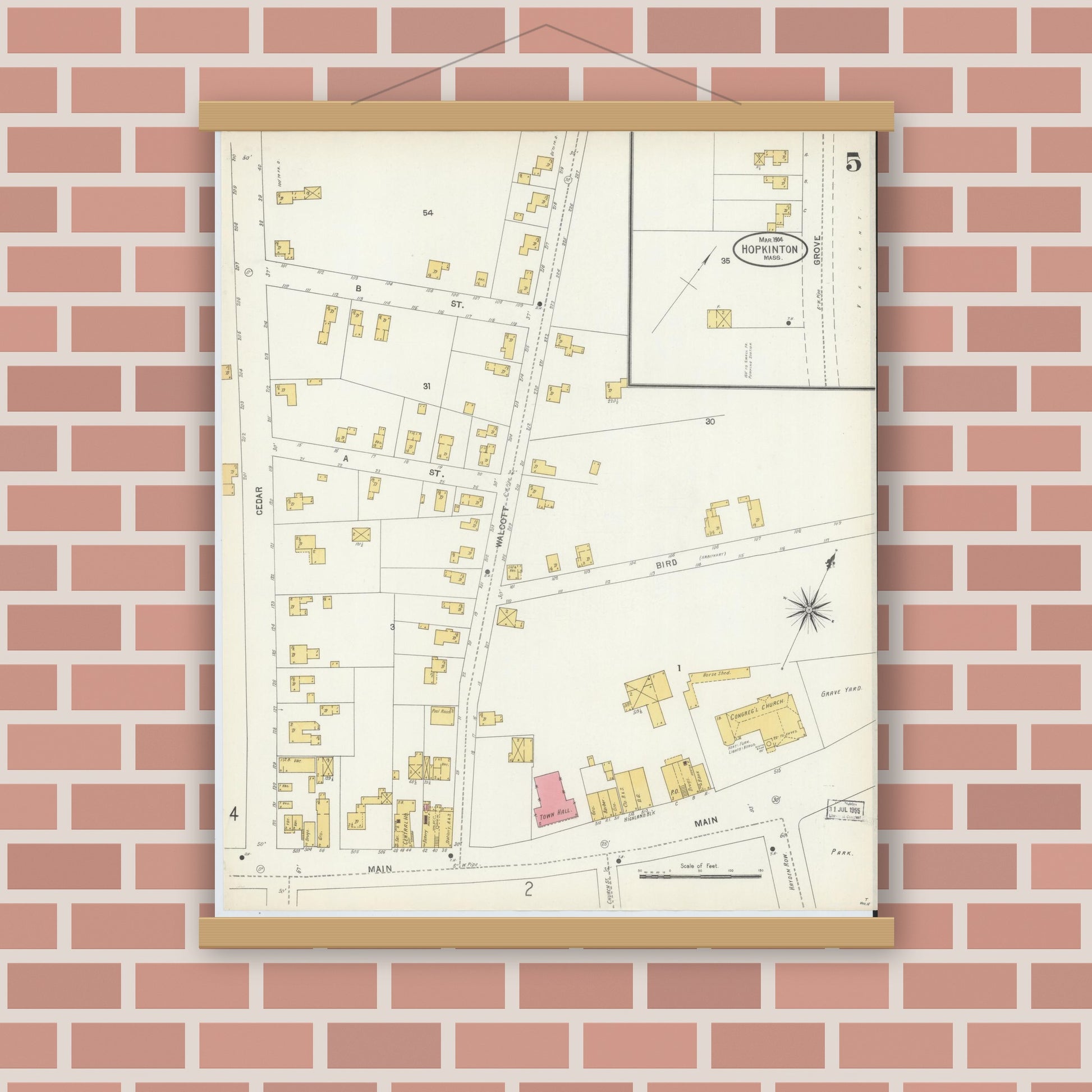 Old map wall art mockup — magnetic wood frame on brick wall — Sanborn Fire Insurance Map from Hopkinton, Middlesex County, Massachusetts (1904), Sheet #0005