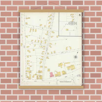 Old map wall art mockup — magnetic wood frame on brick wall — Sanborn Fire Insurance Map from Hopkinton, Middlesex County, Massachusetts (1904), Sheet #0005