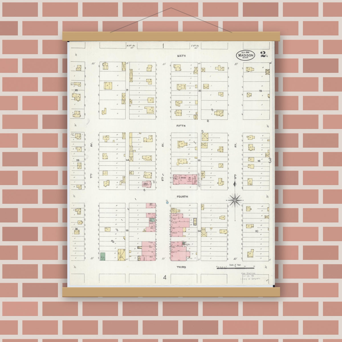 Old map wall art mockup — magnetic wood frame on brick wall — Sanborn Fire Insurance Map from Madison, Lac Qui Parle County, Minnesota (1906), Sheet #0002