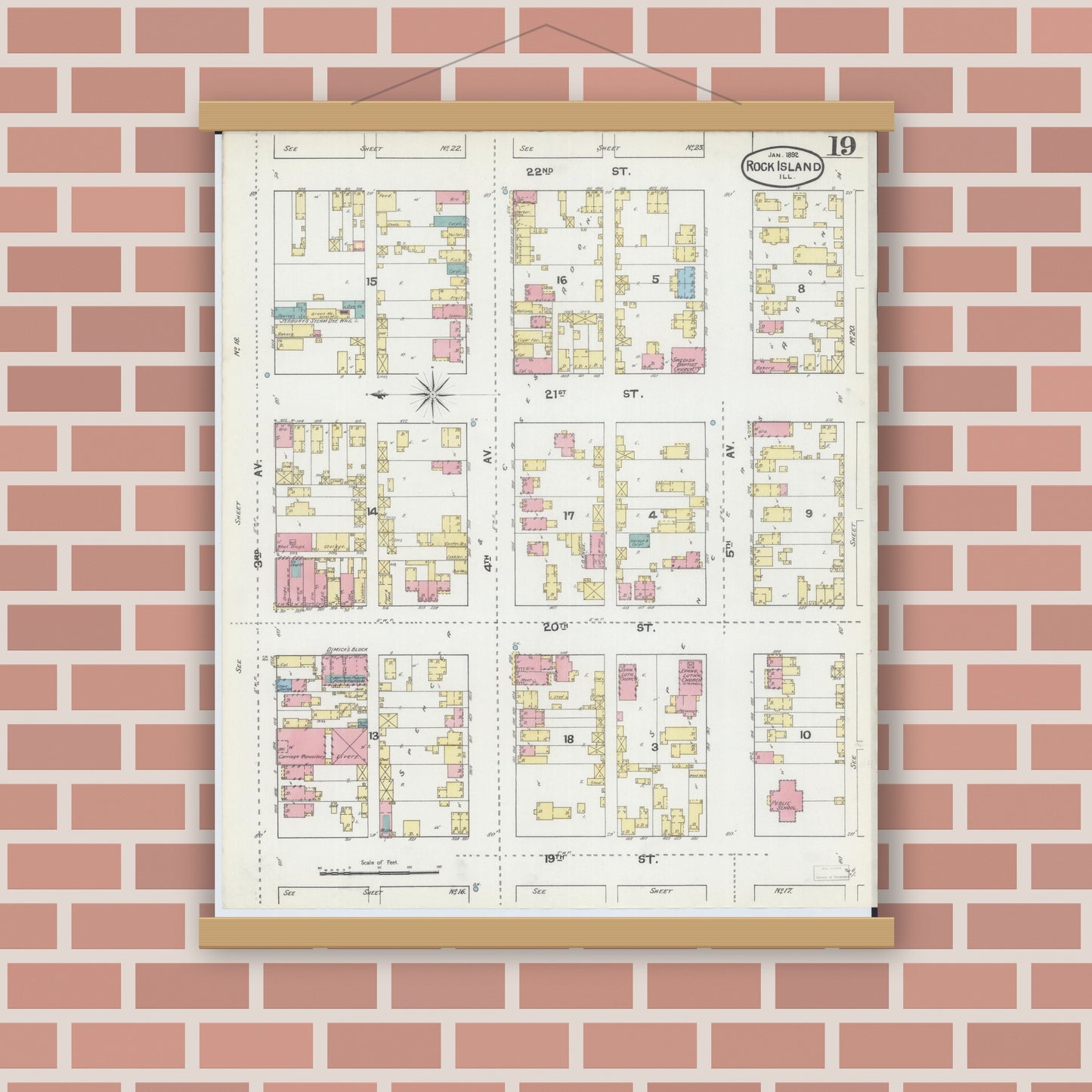 Old map wall art mockup — magnetic wood frame on brick wall — Sanborn Fire Insurance Map from Rock Island, Rock Island County, Illinois (1892), Sheet #0019