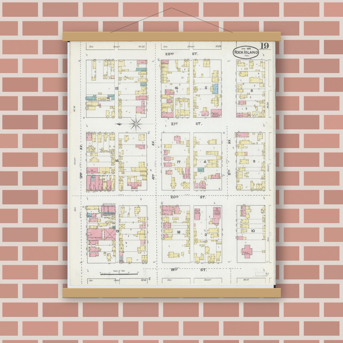 Old map wall art mockup — magnetic wood frame on brick wall — Sanborn Fire Insurance Map from Rock Island, Rock Island County, Illinois (1892), Sheet #0019