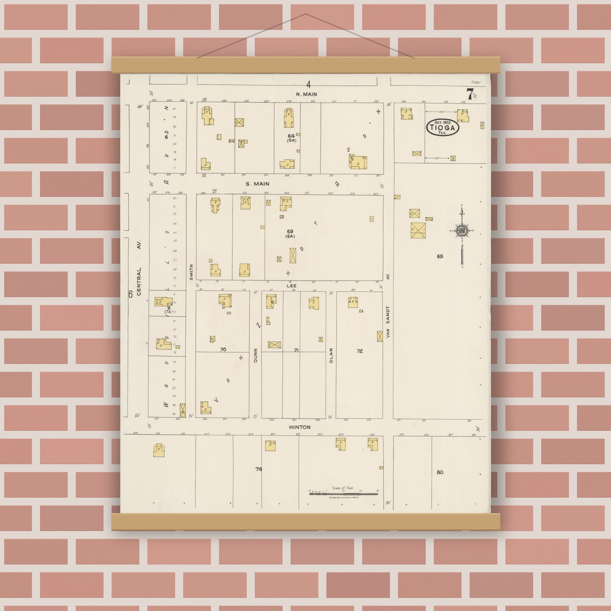 Old map wall art mockup — magnetic wood frame on brick wall — Sanborn Fire Insurance Map from Tioga, Grayton County, Texas (1922), Sheet #0007
