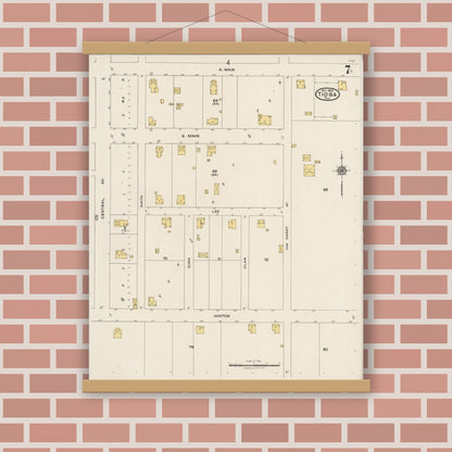 Old map wall art mockup — magnetic wood frame on brick wall — Sanborn Fire Insurance Map from Tioga, Grayton County, Texas (1922), Sheet #0007
