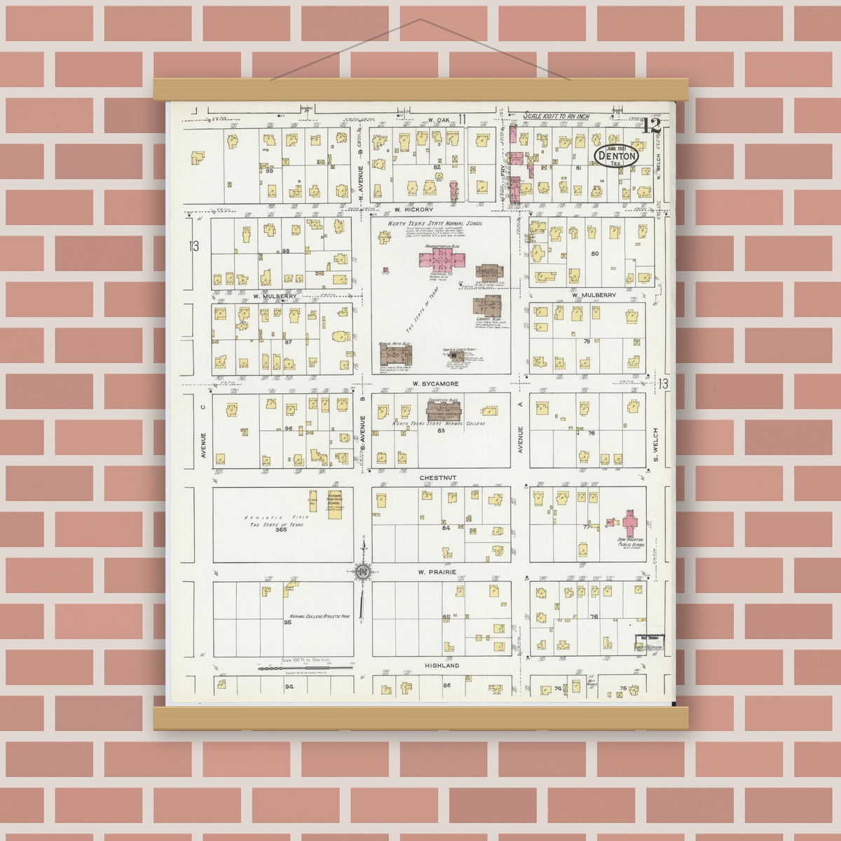 Old map wall art mockup — magnetic wood frame on brick wall — Sanborn Fire Insurance Map from Denton, Denton County, Texas (1921), Sheet #0012