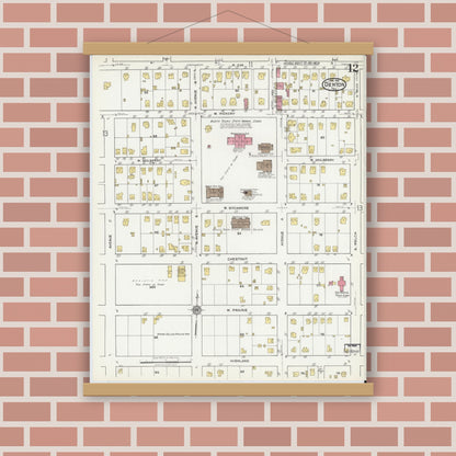 Old map wall art mockup — magnetic wood frame on brick wall — Sanborn Fire Insurance Map from Denton, Denton County, Texas (1921), Sheet #0012
