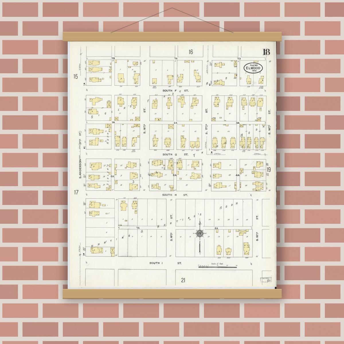 Old map wall art mockup — magnetic wood frame on brick wall — Sanborn Fire Insurance Map from Elwood, Madison County, Indiana (1910), Sheet #0018