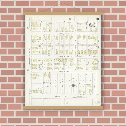 Old map wall art mockup — magnetic wood frame on brick wall — Sanborn Fire Insurance Map from Elwood, Madison County, Indiana (1910), Sheet #0018