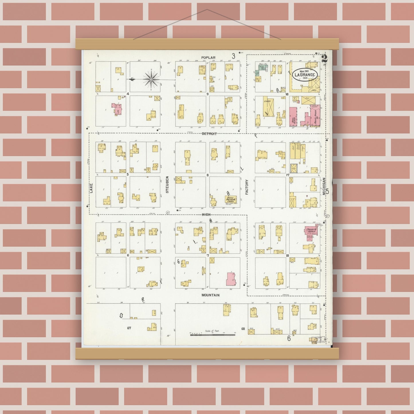 Old map wall art mockup — magnetic wood frame on brick wall — Sanborn Fire Insurance Map from Lagrange, LaGrange County, Indiana (1901), Sheet #0002
