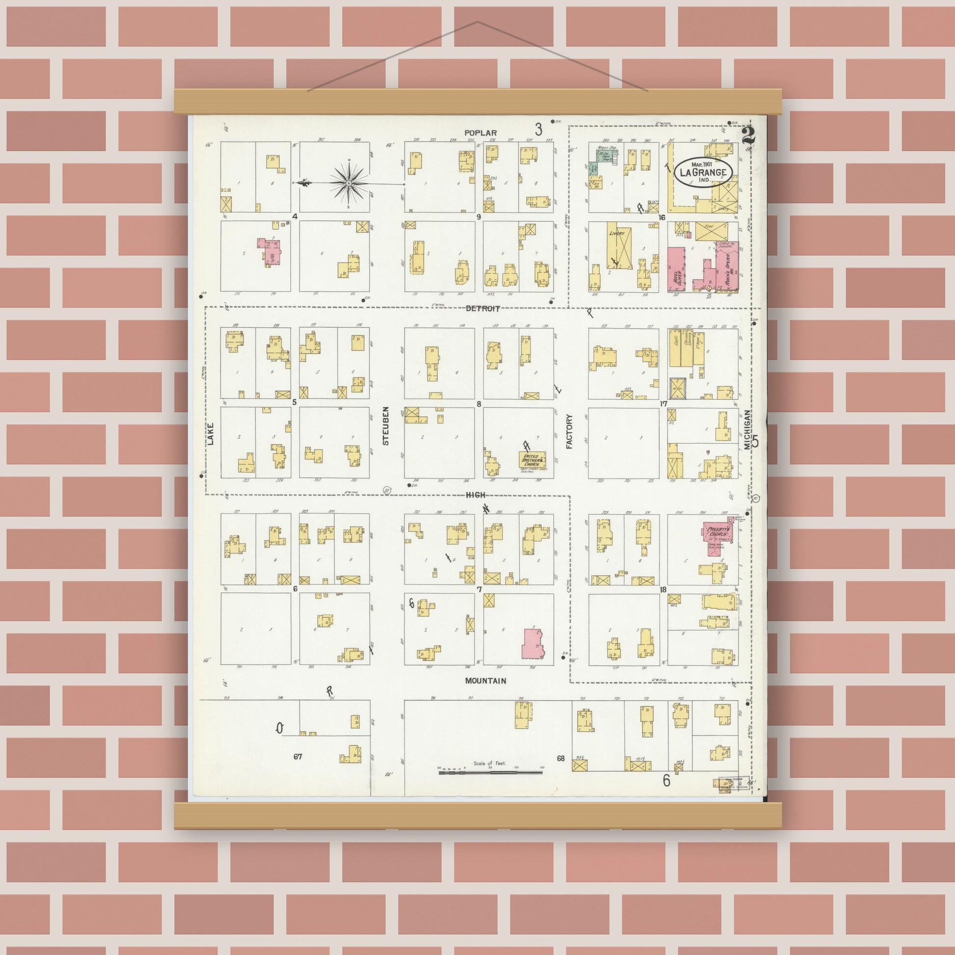 Old map wall art mockup — magnetic wood frame on brick wall — Sanborn Fire Insurance Map from Lagrange, LaGrange County, Indiana (1901), Sheet #0002