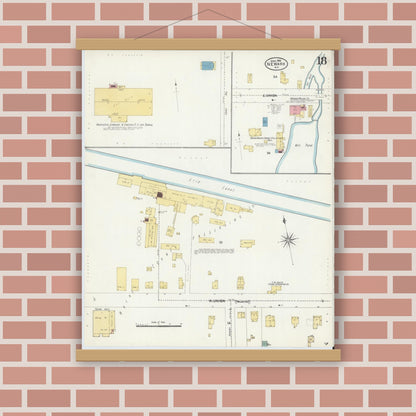 Old map wall art mockup — magnetic wood frame on brick wall — Sanborn Fire Insurance Map from Newark, Wayne County, New York (1906), Sheet #0018