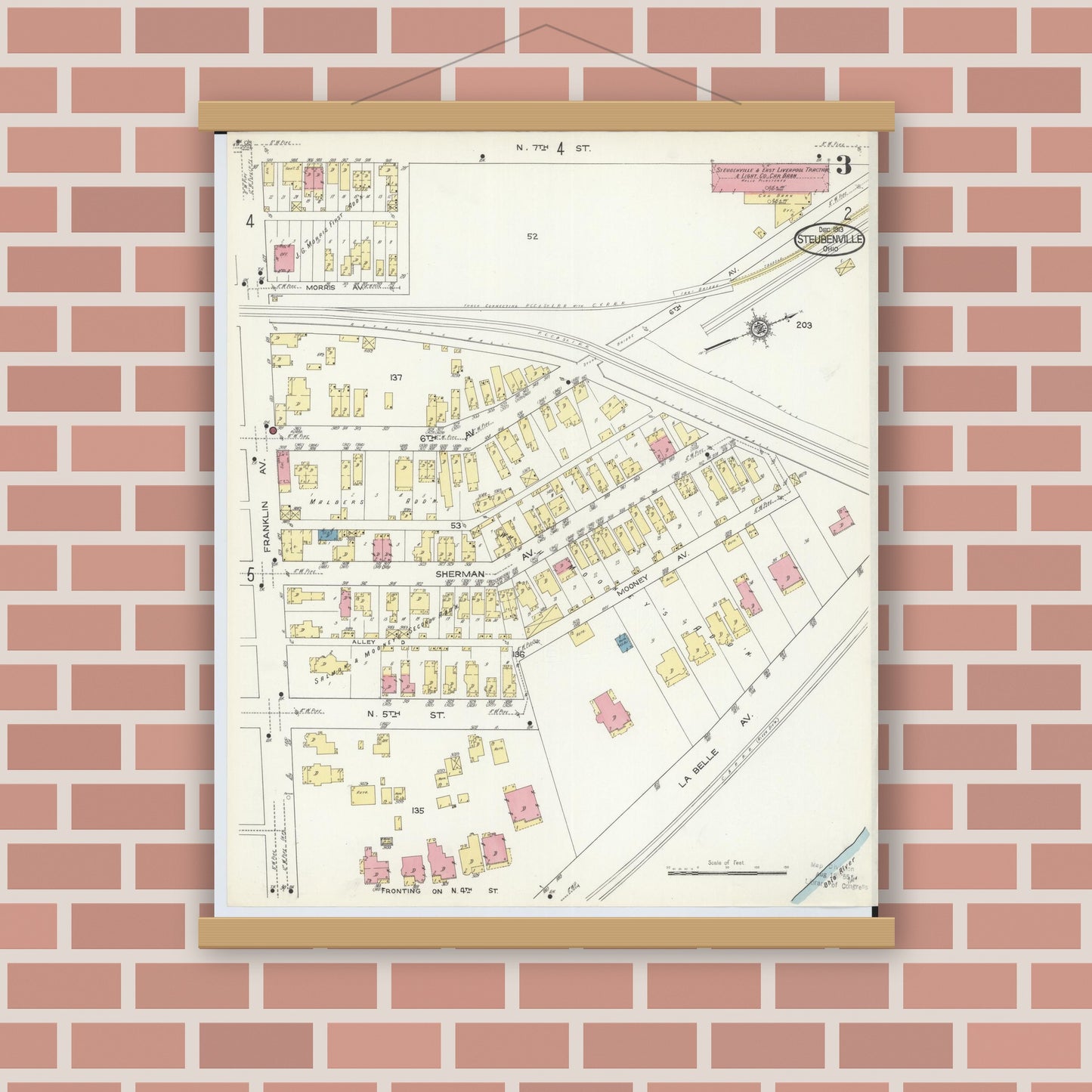 Old map wall art mockup — magnetic wood frame on brick wall — Sanborn Fire Insurance Map from Steubenville, Jefferson County, Ohio (1913), Sheet #0003