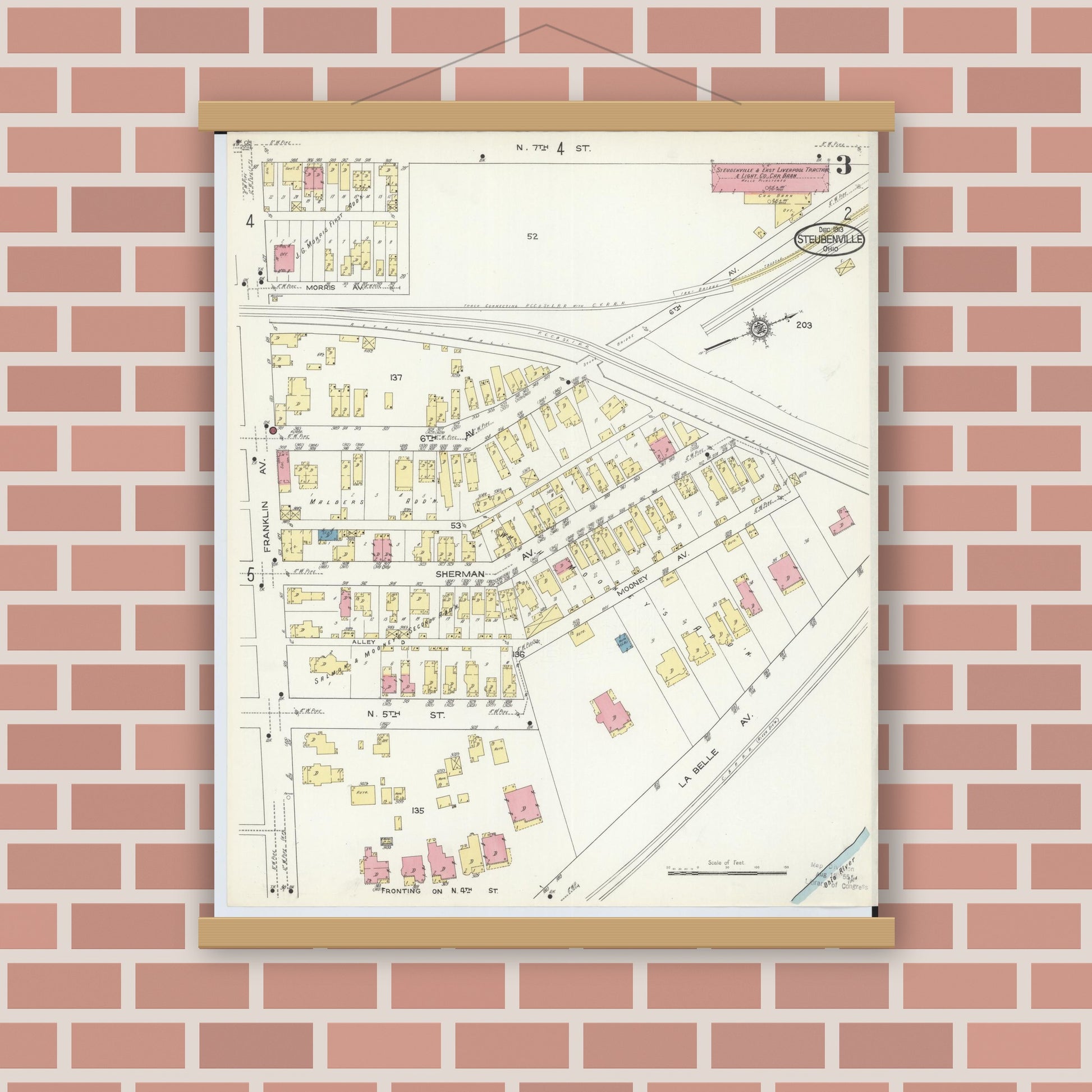 Old map wall art mockup — magnetic wood frame on brick wall — Sanborn Fire Insurance Map from Steubenville, Jefferson County, Ohio (1913), Sheet #0003