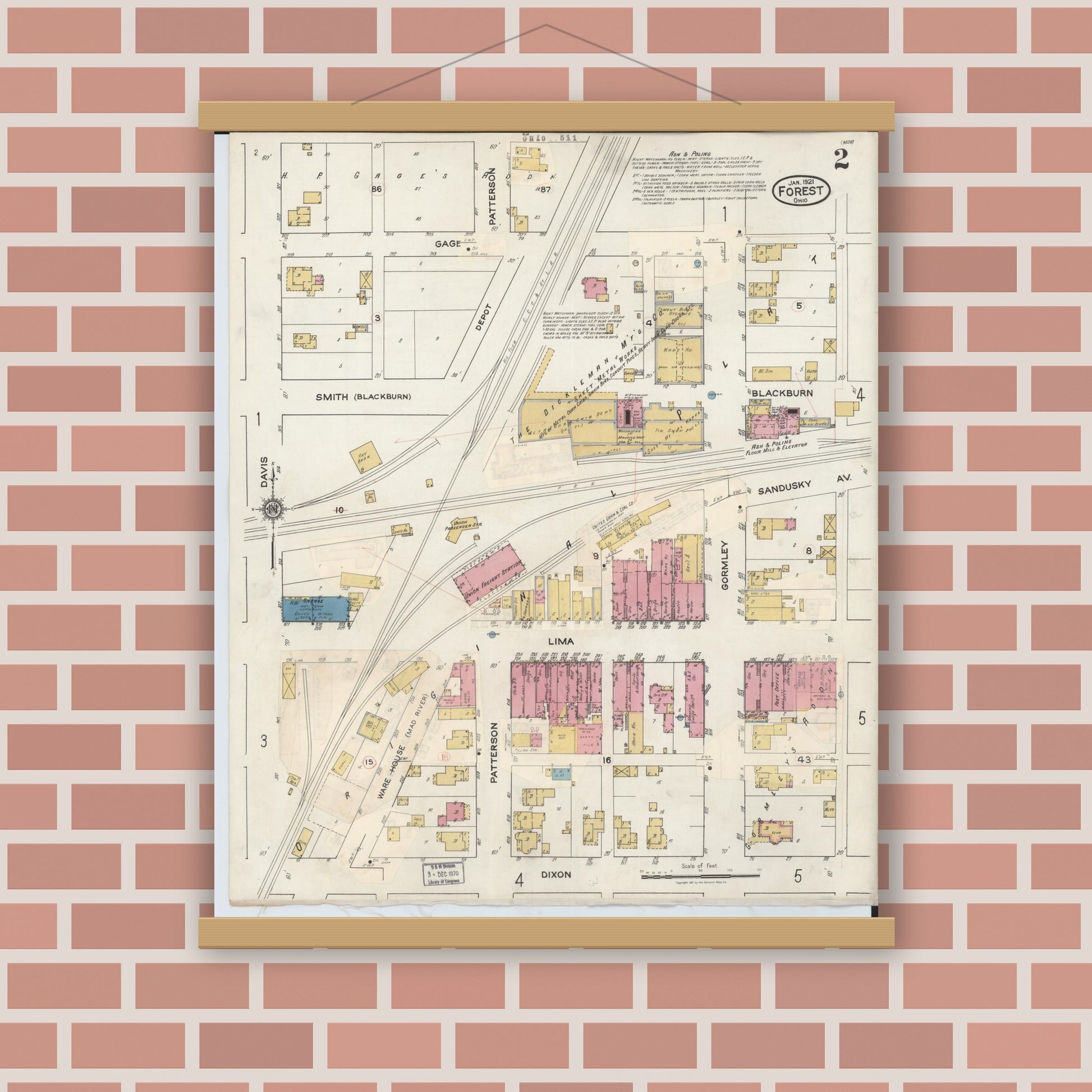 Old map wall art mockup — magnetic wood frame on brick wall — Sanborn Fire Insurance Map from Forest, Hardin County, Ohio (1932), Sheet #0002