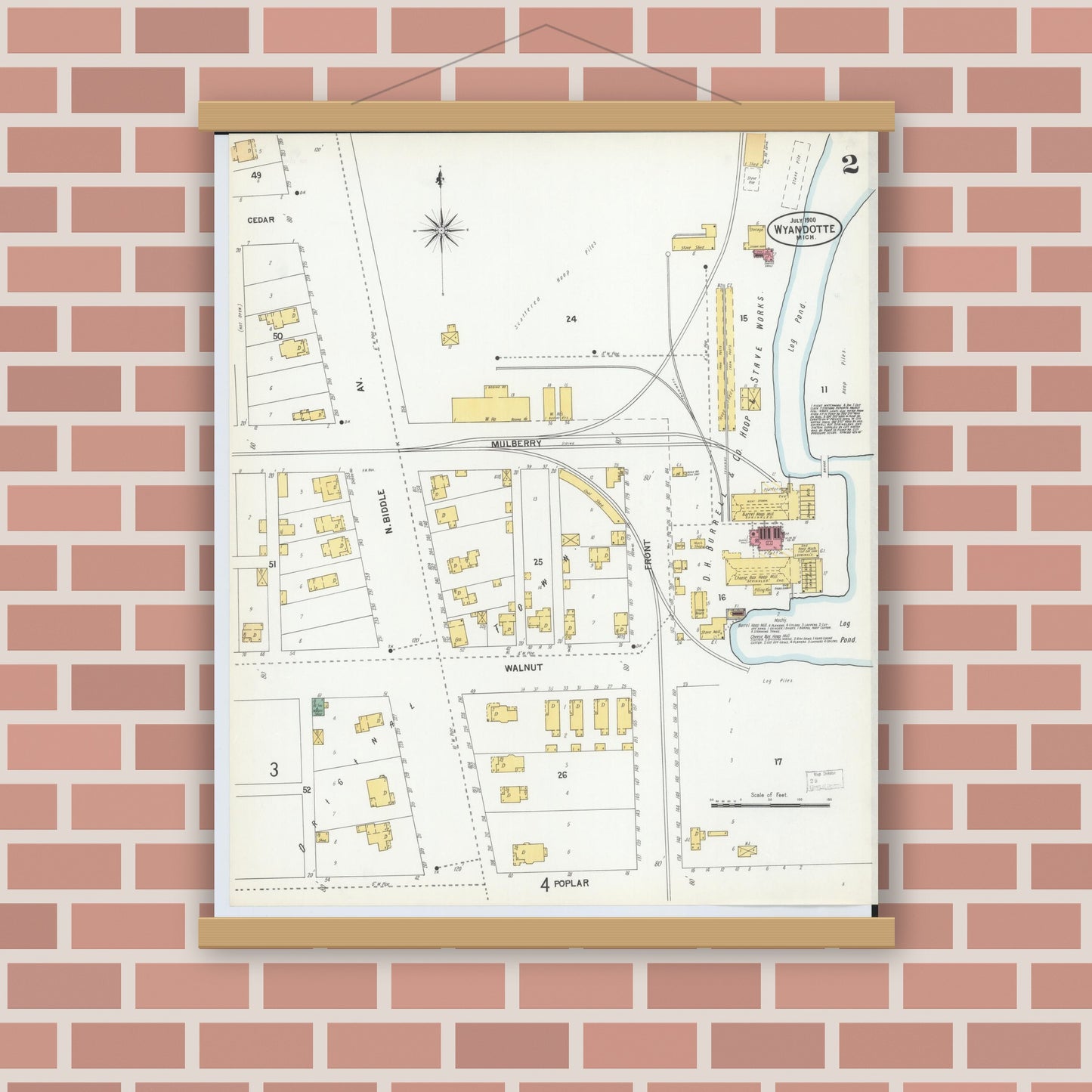 Old map wall art mockup — magnetic wood frame on brick wall — Sanborn Fire Insurance Map from Wyandotte, Wayne County, Michigan (1900), Sheet #0002