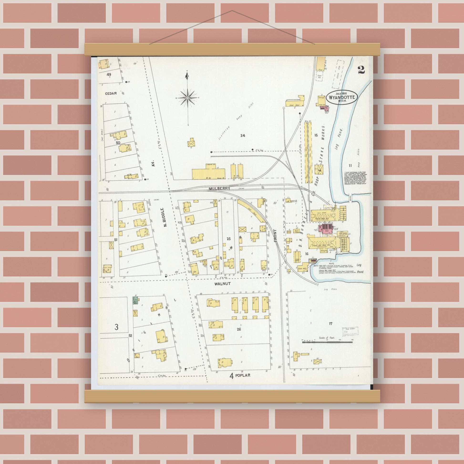 Old map wall art mockup — magnetic wood frame on brick wall — Sanborn Fire Insurance Map from Wyandotte, Wayne County, Michigan (1900), Sheet #0002
