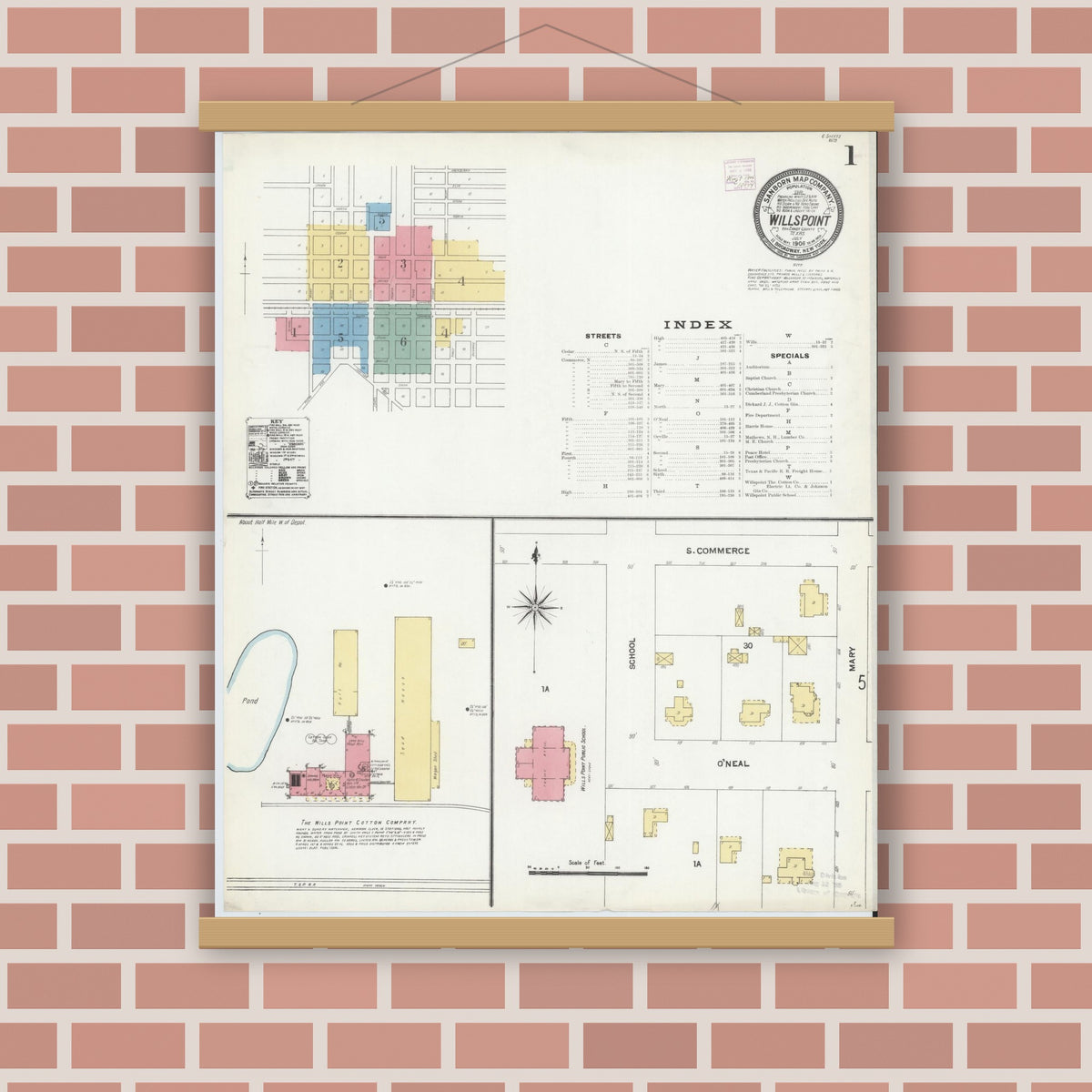 Old map wall art mockup — magnetic wood frame on brick wall — Sanborn Fire Insurance Map from Wills Point, Van Zandt County, Texas (1906) - Complete Map Set