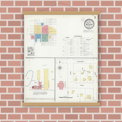 Old map wall art mockup — magnetic wood frame on brick wall — Sanborn Fire Insurance Map from Wills Point, Van Zandt County, Texas (1906) - Complete Map Set