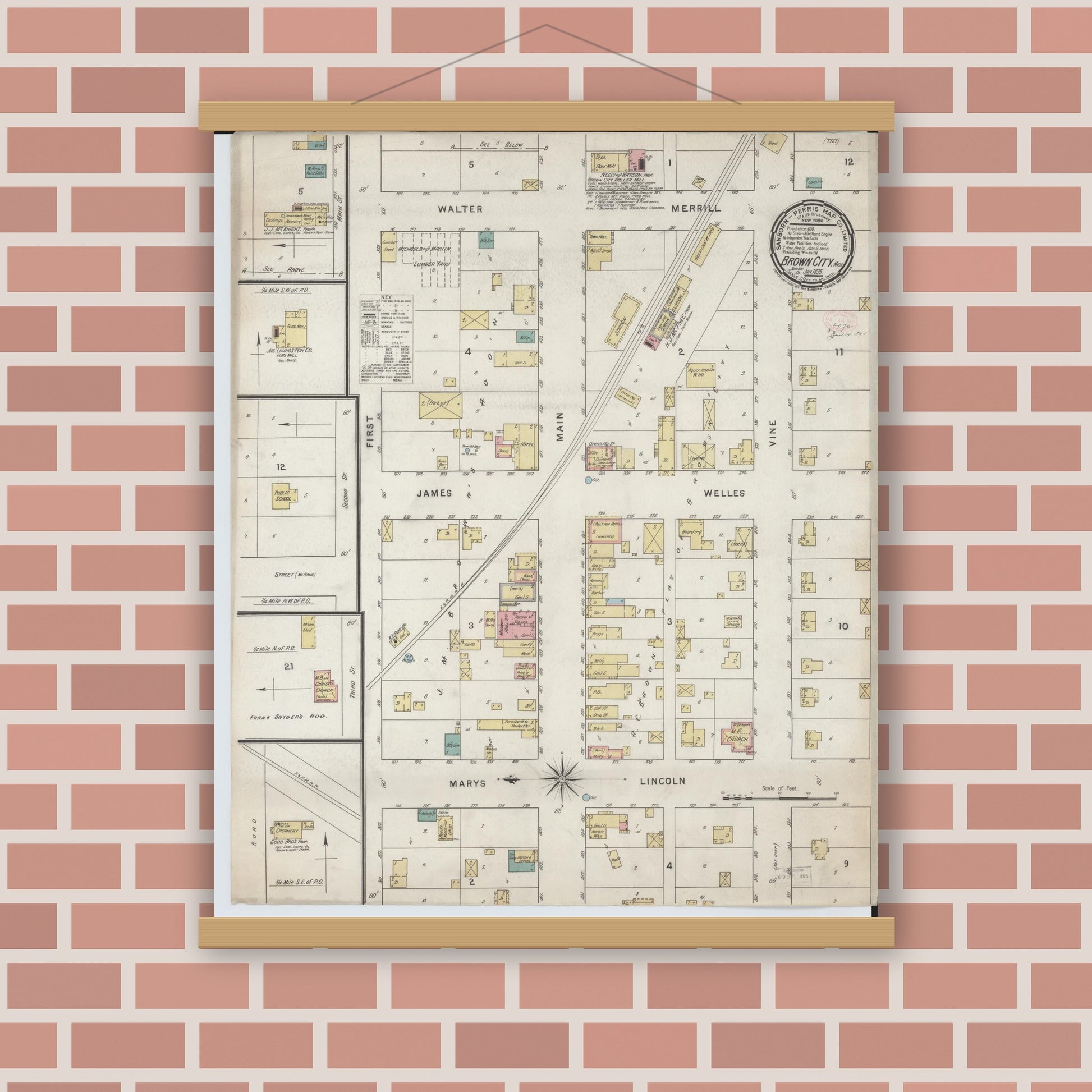 Old map wall art mockup — magnetic wood frame on brick wall — Sanborn Fire Insurance Map from Brown City, Sanilac County, Michigan (1895), Sheet #0001