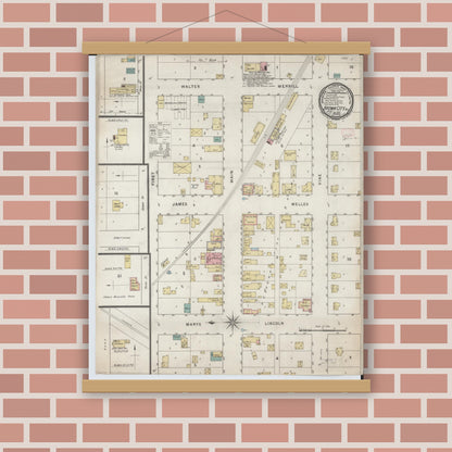 Old map wall art mockup — magnetic wood frame on brick wall — Sanborn Fire Insurance Map from Brown City, Sanilac County, Michigan (1895), Sheet #0001