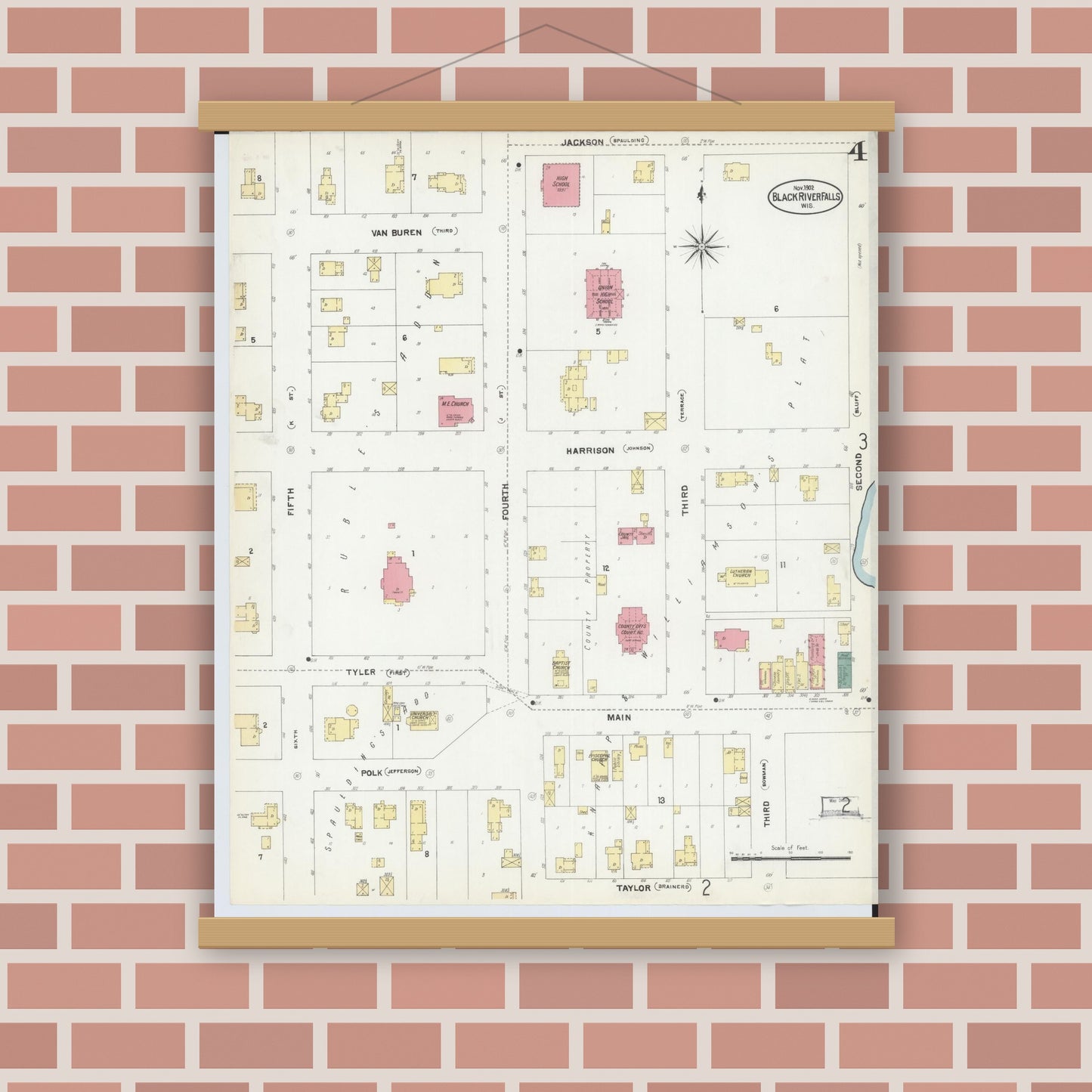 Old map wall art mockup — magnetic wood frame on brick wall — Sanborn Fire Insurance Map from Black River Falls, Jackson County, Wisconsin (1902), Sheet #0004