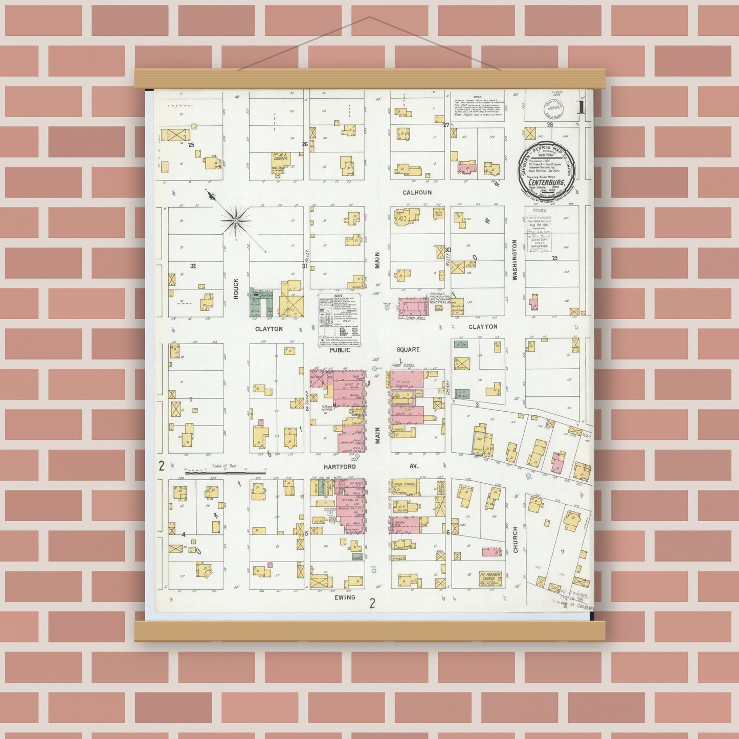 Old map wall art mockup — magnetic wood frame on brick wall — Sanborn Fire Insurance Map from Centerburg, Knox County, Ohio (1900) - Complete Map Set