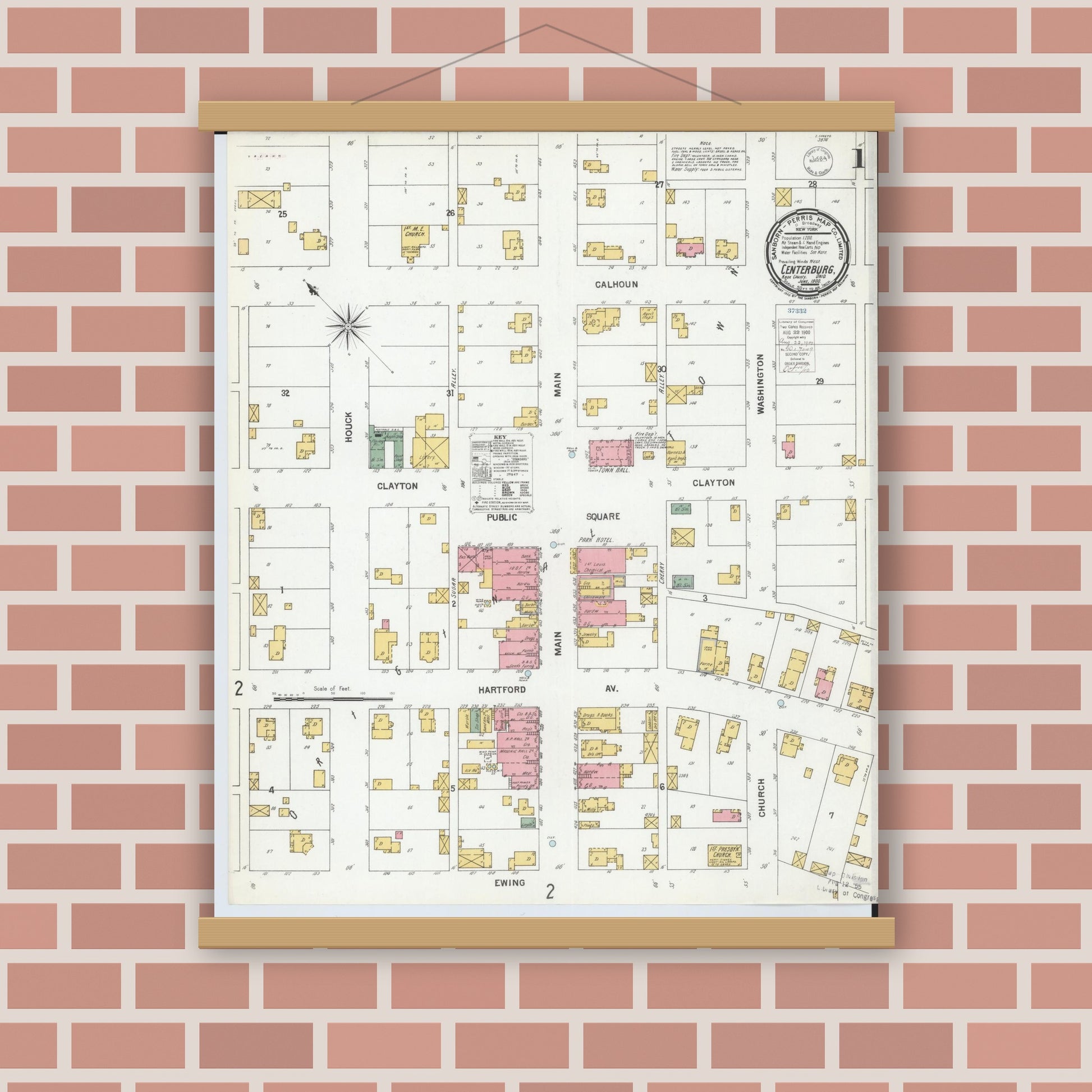 Old map wall art mockup — magnetic wood frame on brick wall — Sanborn Fire Insurance Map from Centerburg, Knox County, Ohio (1900) - Complete Map Set
