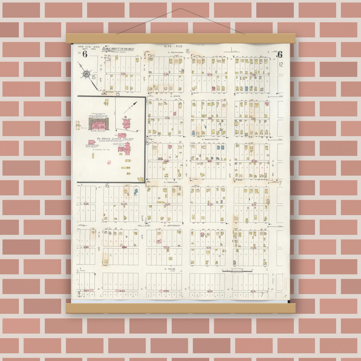 Old map wall art mockup — magnetic wood frame on brick wall — Sanborn Fire Insurance Map from New Ulm, Brown County, Minnesota (1946), Sheet #0006