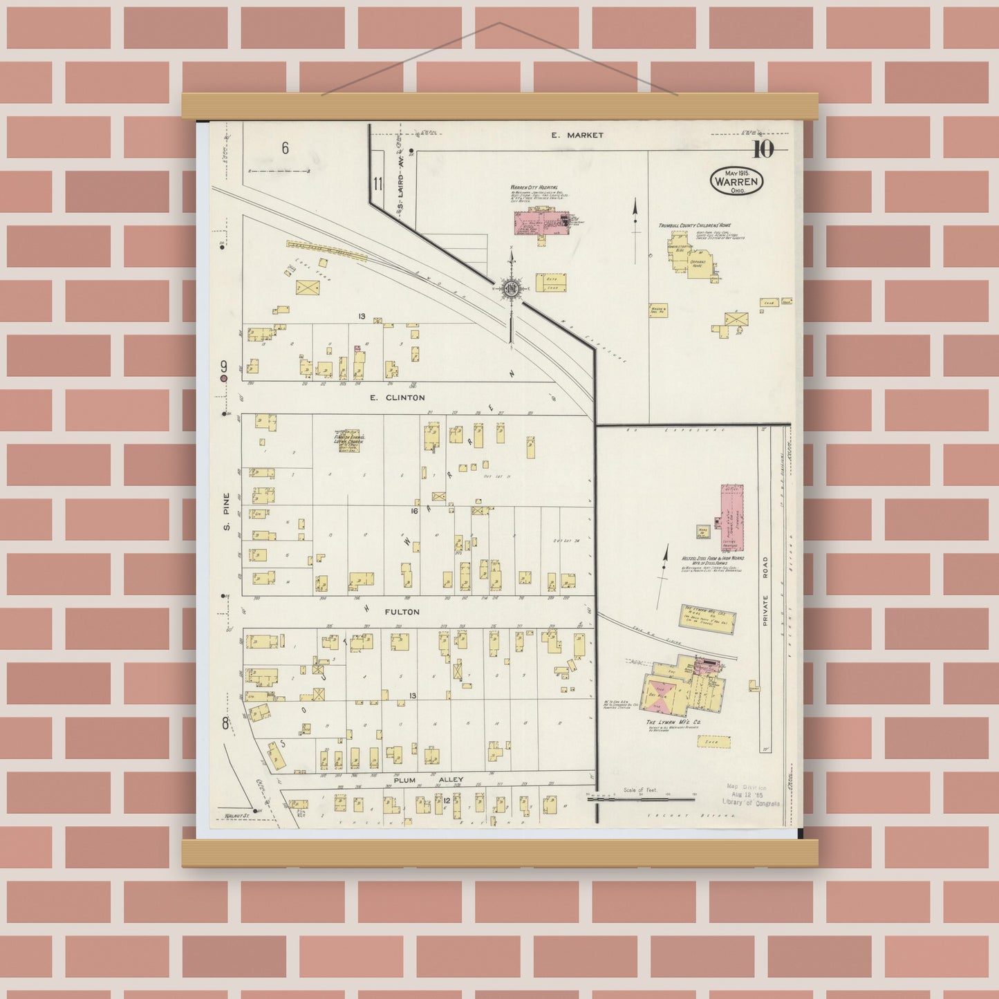 Old map wall art mockup — magnetic wood frame on brick wall — Sanborn Fire Insurance Map from Warren, Trumbull County, Ohio (1915), Sheet #0010