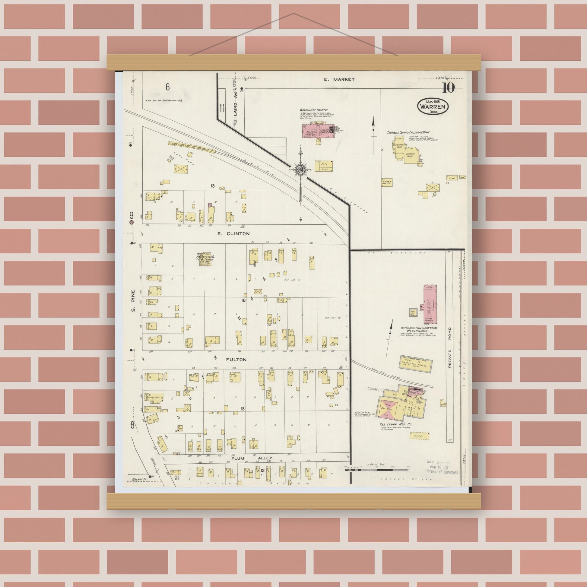 Old map wall art mockup — magnetic wood frame on brick wall — Sanborn Fire Insurance Map from Warren, Trumbull County, Ohio (1915), Sheet #0010