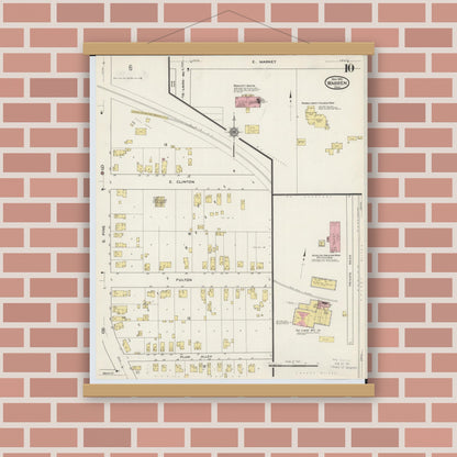 Old map wall art mockup — magnetic wood frame on brick wall — Sanborn Fire Insurance Map from Warren, Trumbull County, Ohio (1915), Sheet #0010